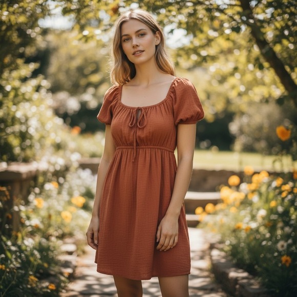 Aeropostale Dresses & Skirts - Cozy Autumn Burnt Orange Peasant  Dress Fairycore Whimsy Mini Dress Large